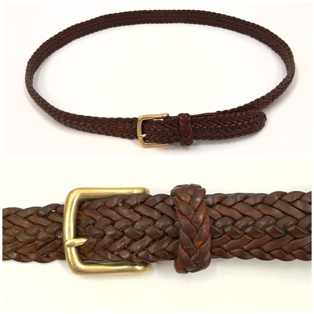 Coach Brown Leather Belt Mens 42 Woven Braided Classic Brass Buckle British Tan